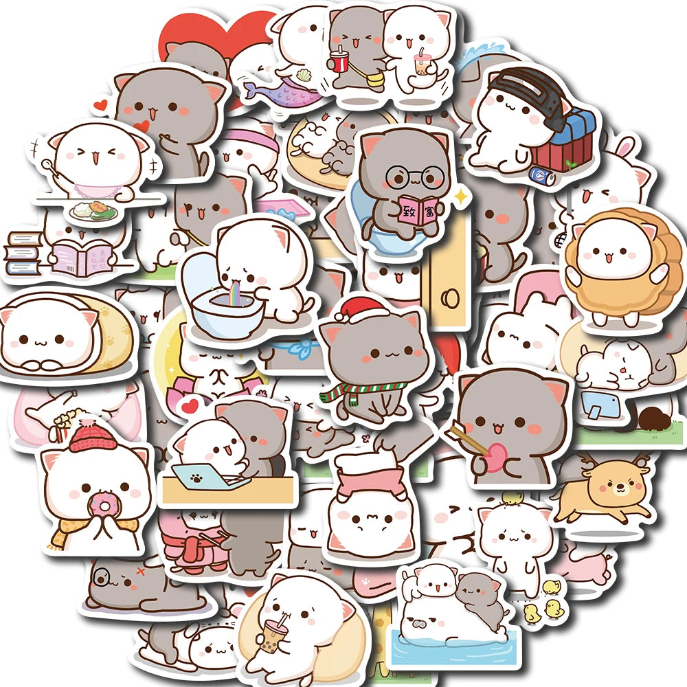 sticker autocollant chat mignon dessin animé blanc rose bleu 60 pièces