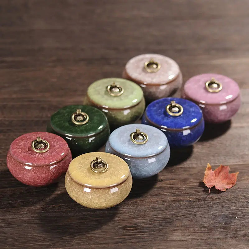 pots thé céramique texture craquelée anneau doré couvercle classique vert bleu rose marron clair