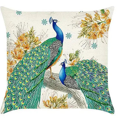 taie d'oreiller lin imprimé plumes paon moderne bleu vert doré coussin carré fixé