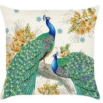 taie d'oreiller lin imprimé plumes paon moderne bleu vert doré coussin carré fixé