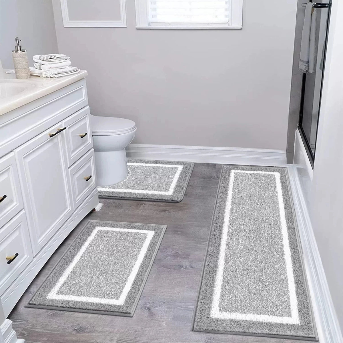 tapis sol microfibre moderne gris blanc bordure blanche antidérapant salle bain