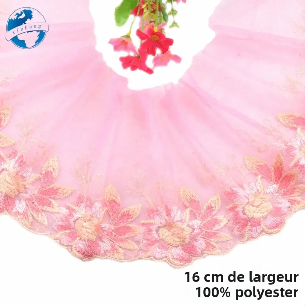 ruban dentelle polyester rose floral largeur 16cm transparent tulle decoration mariage bricolage couture echangiste