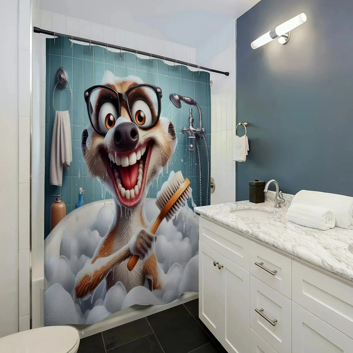 rideau douche polyester dessin animé animal souriant bain lunettes noires brosse dents opacité métalliques