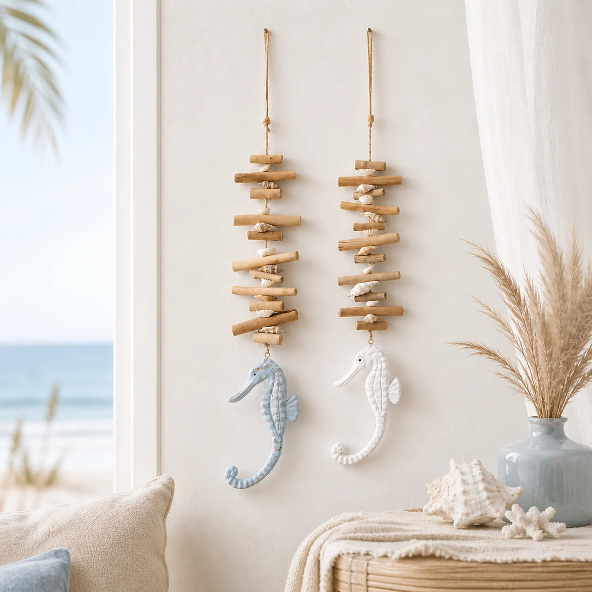 décoration murale hippocampe bois flotté coquillage suspension intérieur thème marin plage