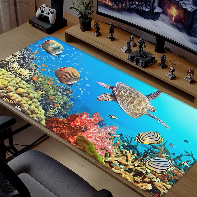 tapis souris gamer xxl noir motif sous marin coraux poissons tortue ordinateur