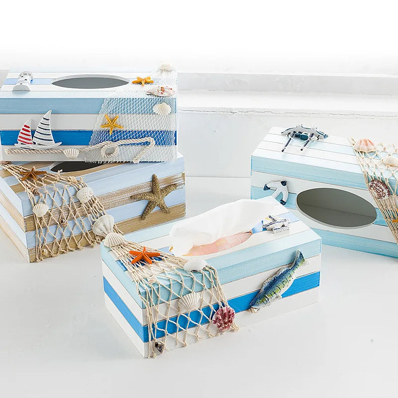 boîte mouchoirs marin bois bleu rayures coquillages bateau étoile mer décorative maison rangement