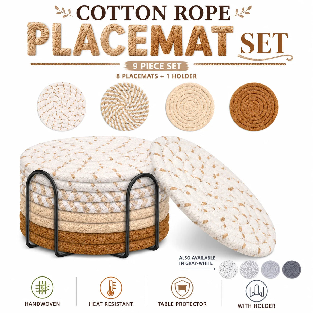 serviettes table main tissée coton beige marron gris motifs différents respectueux environnement set support