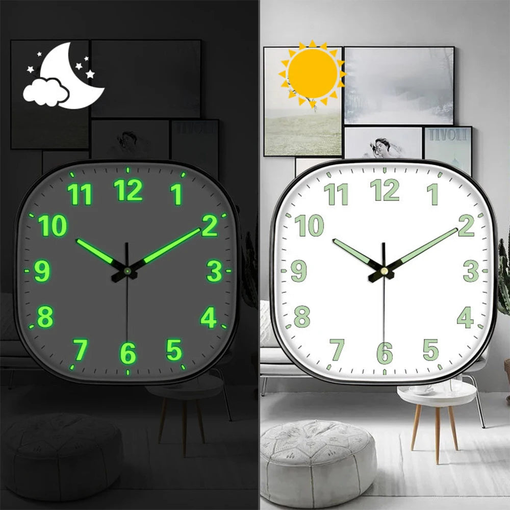 horloge murale moderne numéros lumineux vert cadre noir quartz aiguille simple transparente chambre salon