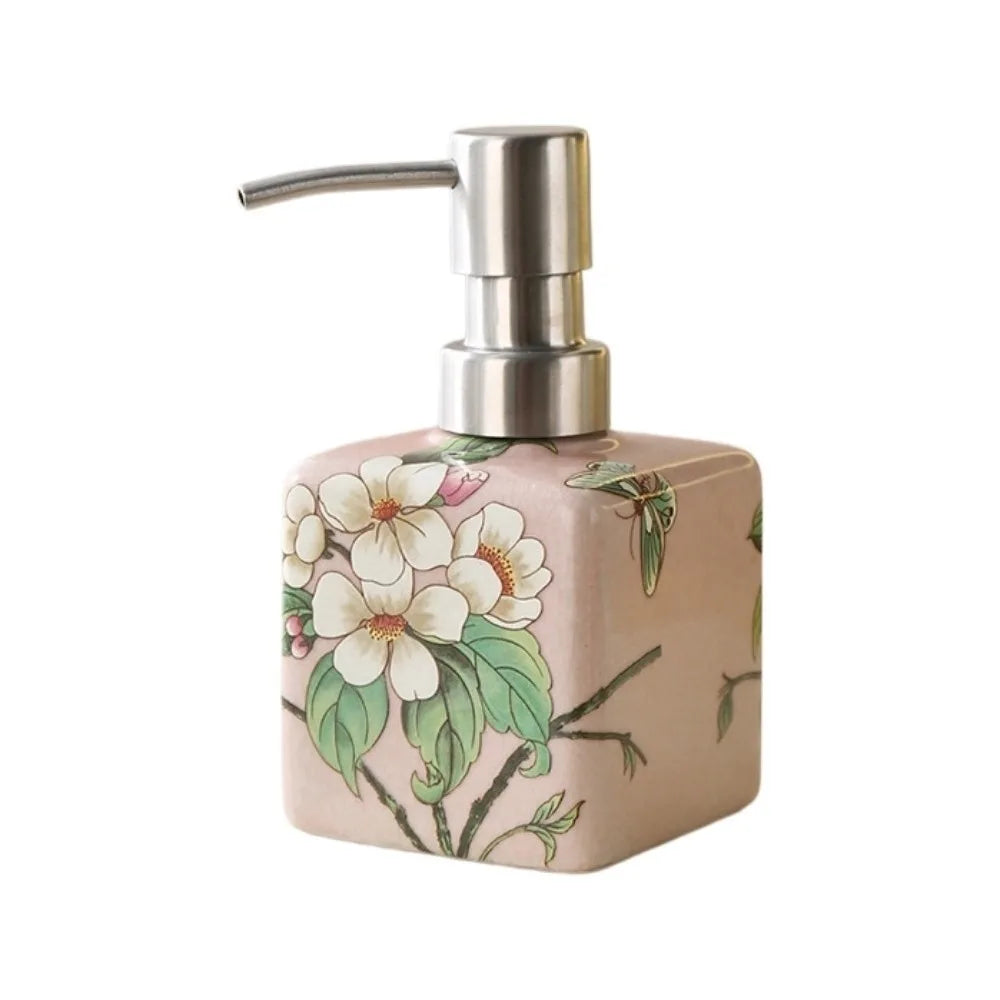 distributeur savon liquide fleurs papillon bleu jaune rose étanche rechargeable classique floral maison