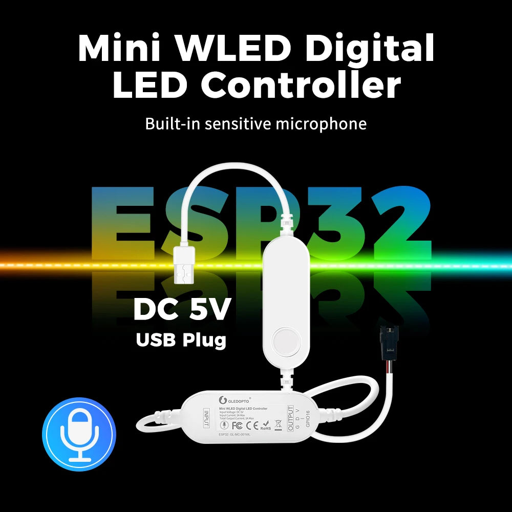 contrôleur led wifi wled mini abs moderne microphone usb blanc 15w 20m