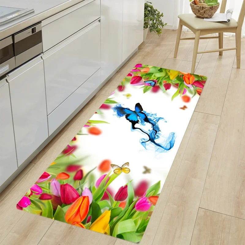 tapis moderne violet blanc fleurs papillons antidérapant sol chambre salon entrée
