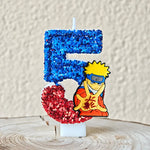 bougies décoratives anime personnages paillettes bleu rouge jaune blanc thème naruto shippuden anniversaire gâteau