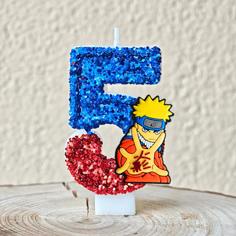 bougies décoratives anime personnages paillettes bleu rouge jaune blanc thème naruto shippuden anniversaire gâteau