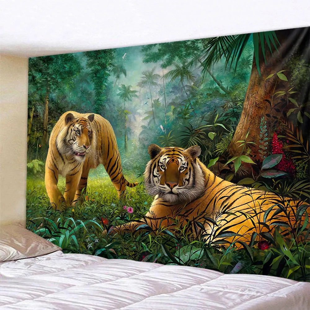 Vue de côté de la tapisserie animaux forêt tropicale