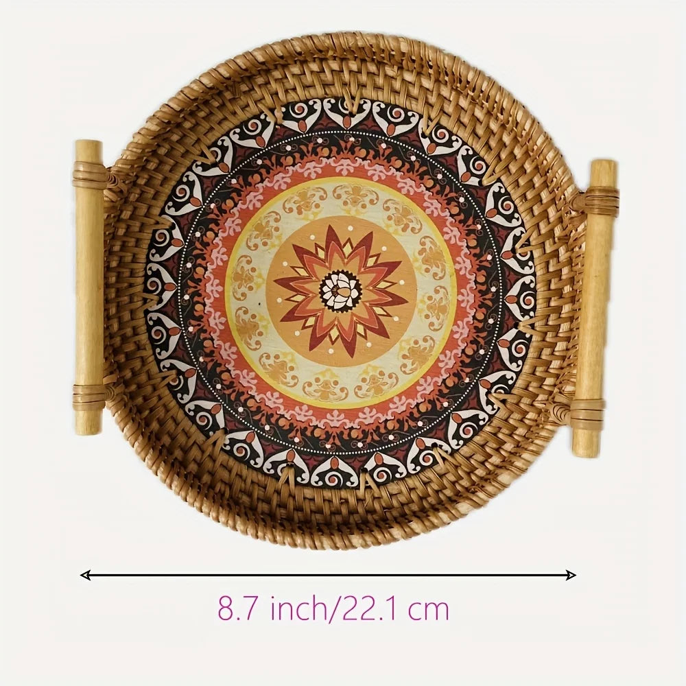 assiettes rotin motifs floraux colorés poignées bambou ethnique artisanal large medium small