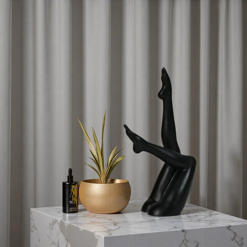 sculpture résine jambe levée noir doré plante pot vases huile essentielle diffuseur livres tableaux