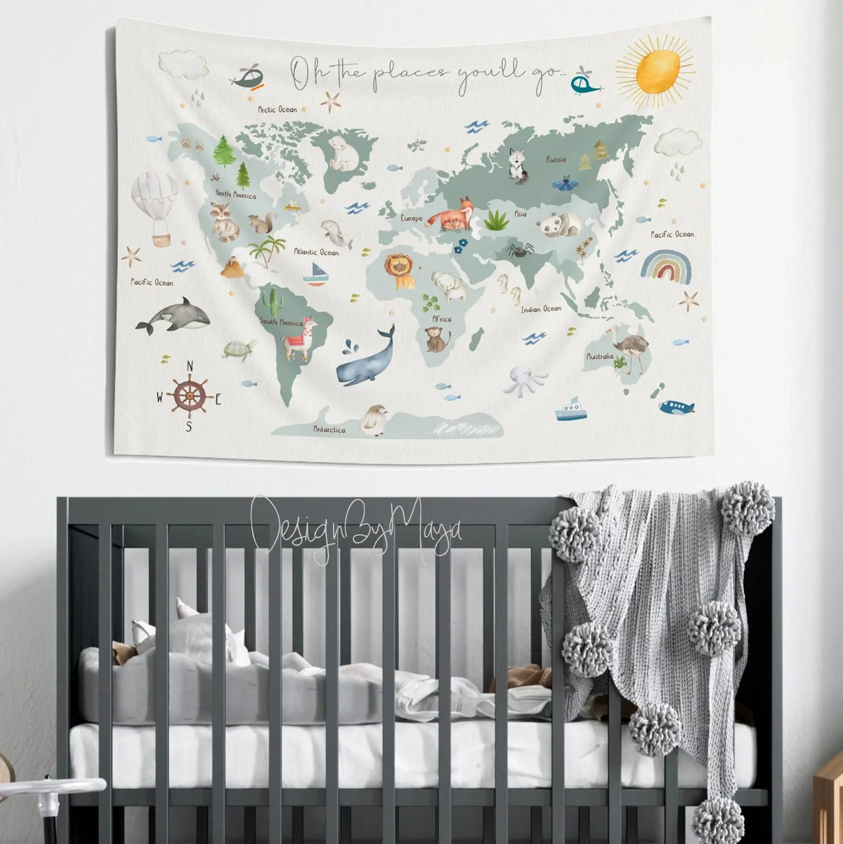 décoration murale carte monde illustrative animaux paysages enfants chambre tapisserie géographique opaques