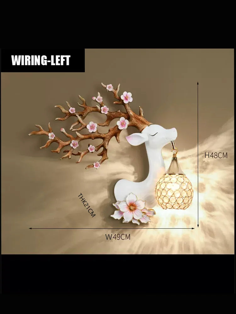 lampe murale moderne branches fleurs strass tête cerf blanc doré bleuclair