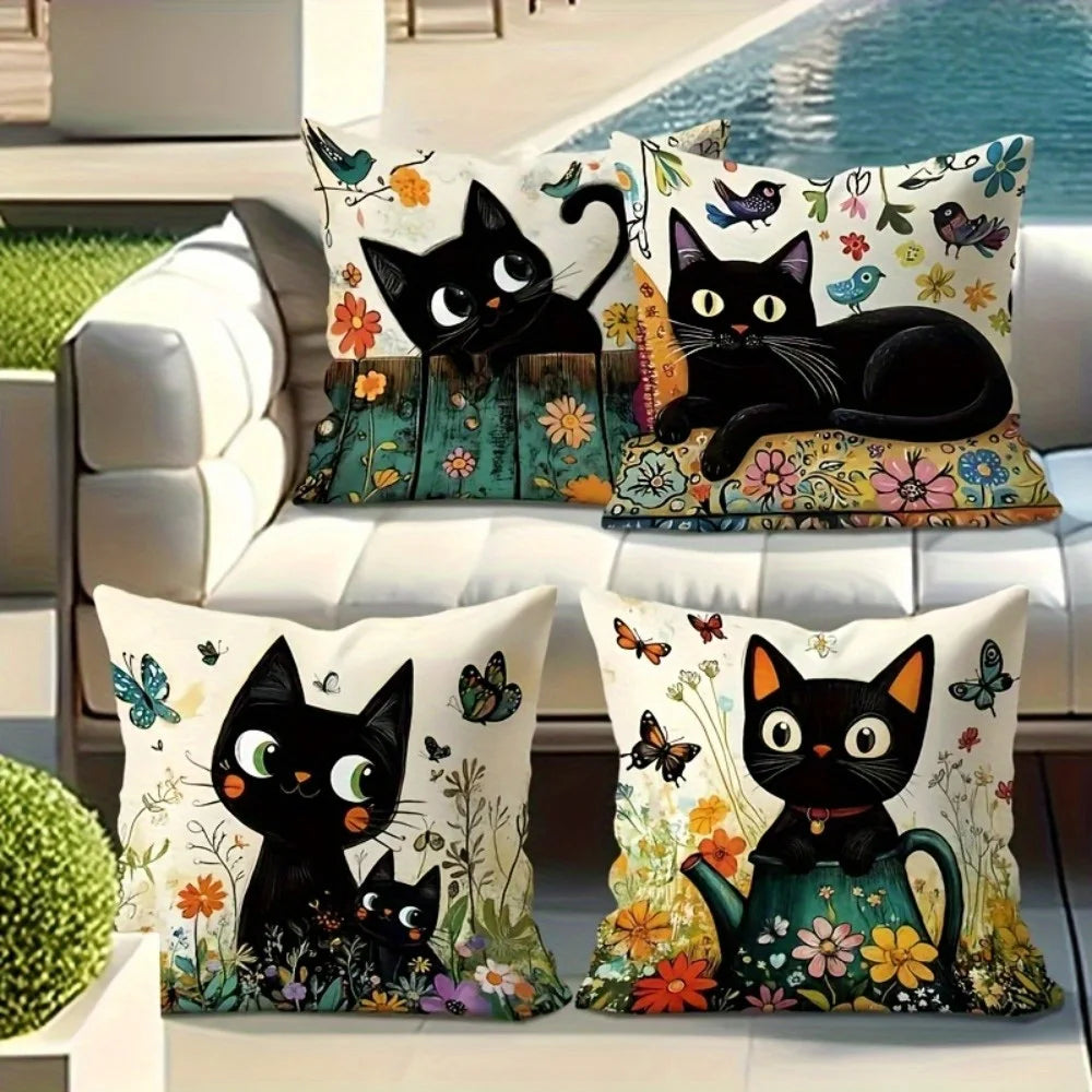 coussin illustration chats noirs fleurs polyester peacheskin 40x40cm 45x45cm 50x50cm 60x60cm