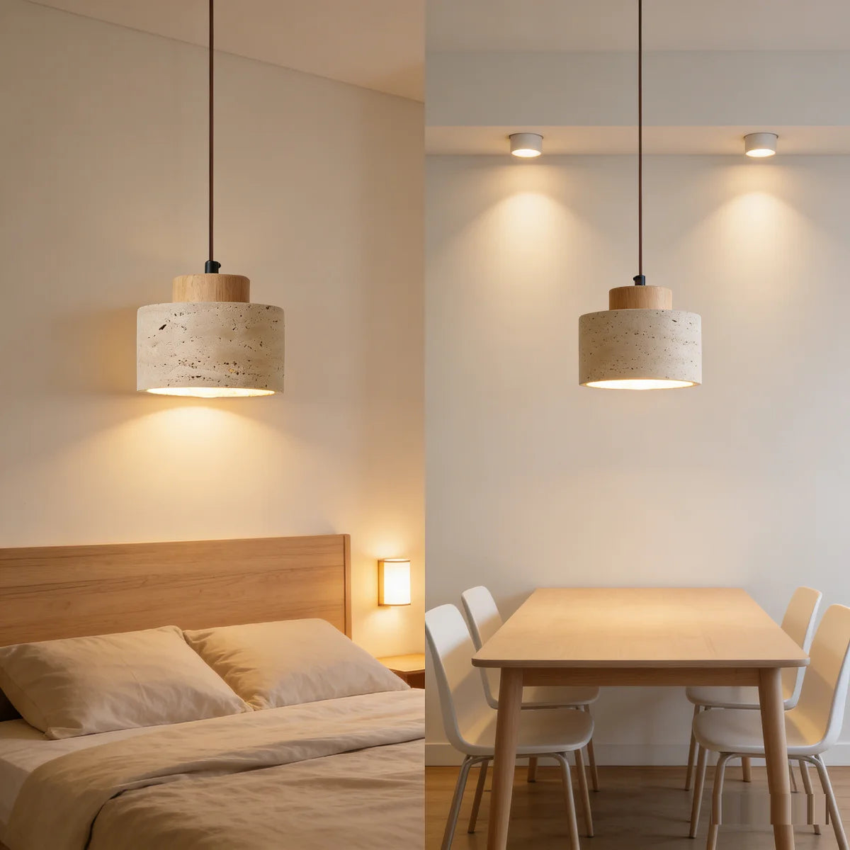 lampe suspendue moderne minimaliste pierre beige brun texture naturelle câble noir salon chambre principal