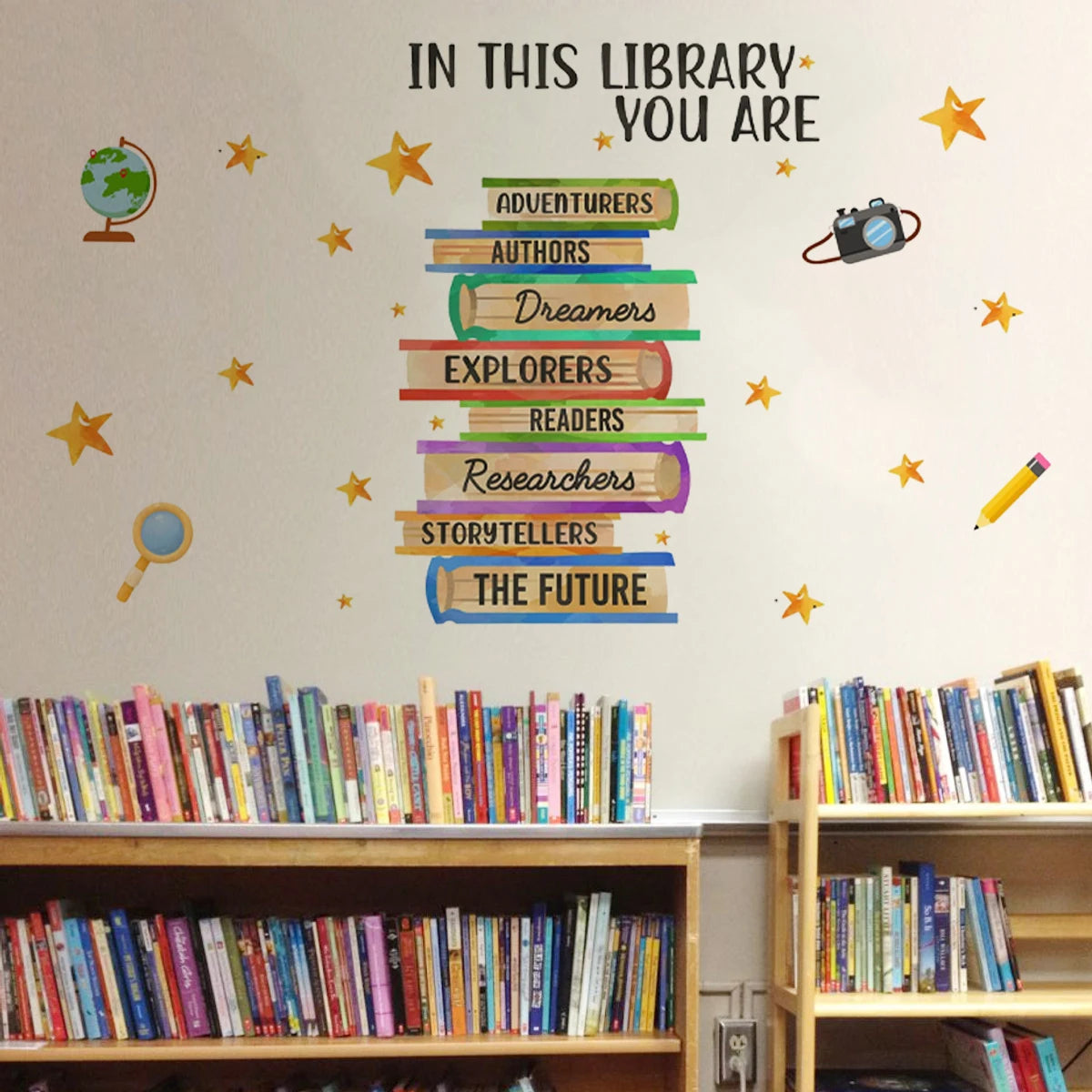 sticker mural décoration bibliothèque livres colorés adhésif durable enfant ludique