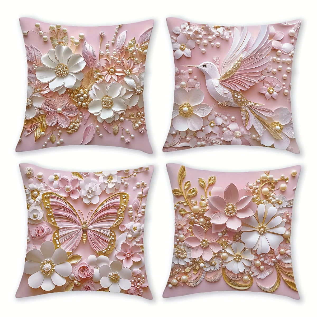 housse coussin imprimé fleurs papillon rose blanc doré adhésive décoration intérieure 40x40cm