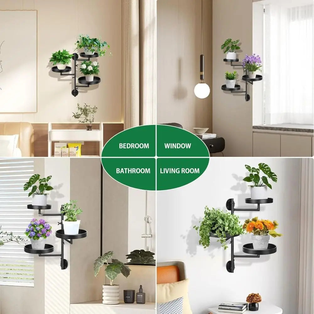 étagère murale industrielle rotative trois niveaux noir mat fixations plantes décoration intérieure minimaliste