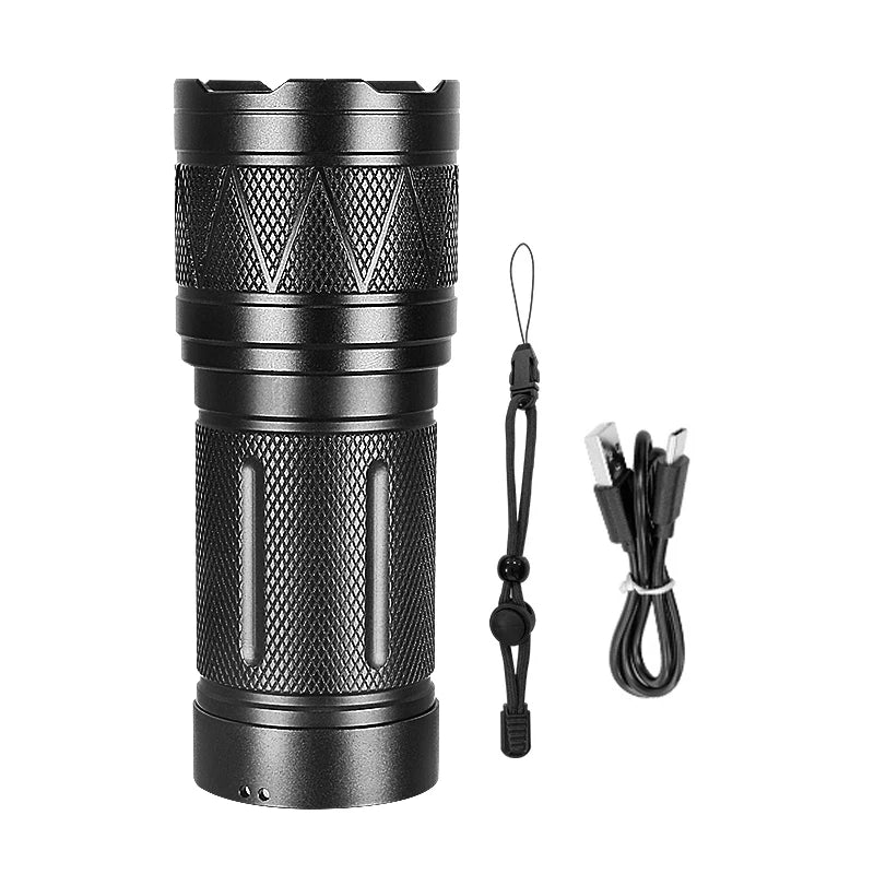lampe torche noire led rechargeable zoom banque alimentation autodéfense indicateur charge résistante chocs camping
