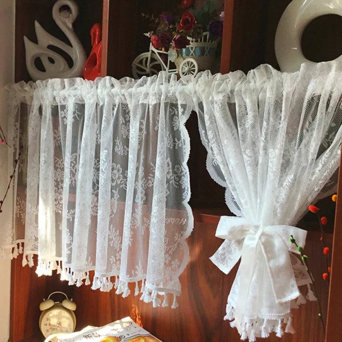 rideau blanc dentelle florale transparent vintage romantique maison 145cm 30cm franges inclusion accessoires