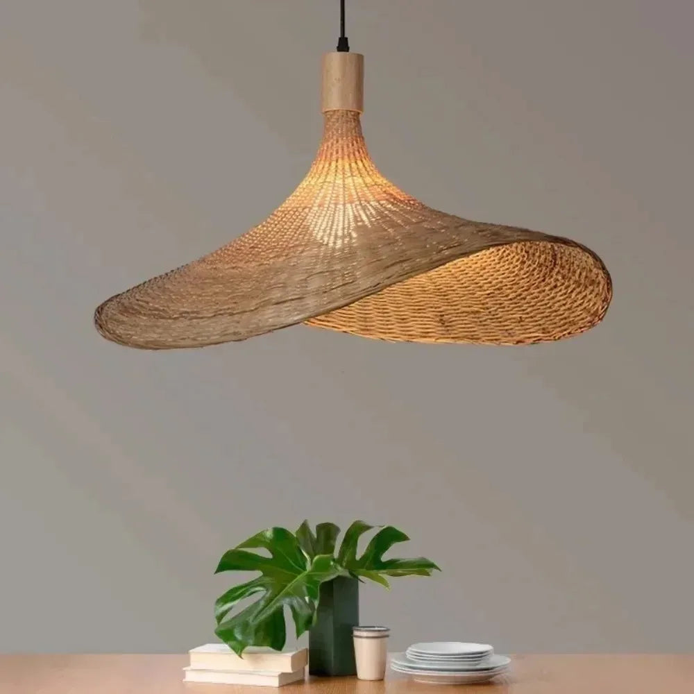 lampe suspendue moderne rustique tissée bambou naturel salon décoration lumière chaîne métallique