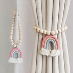 rideaux boho arc ciel franges bois blanc rose bleu clair anneaux