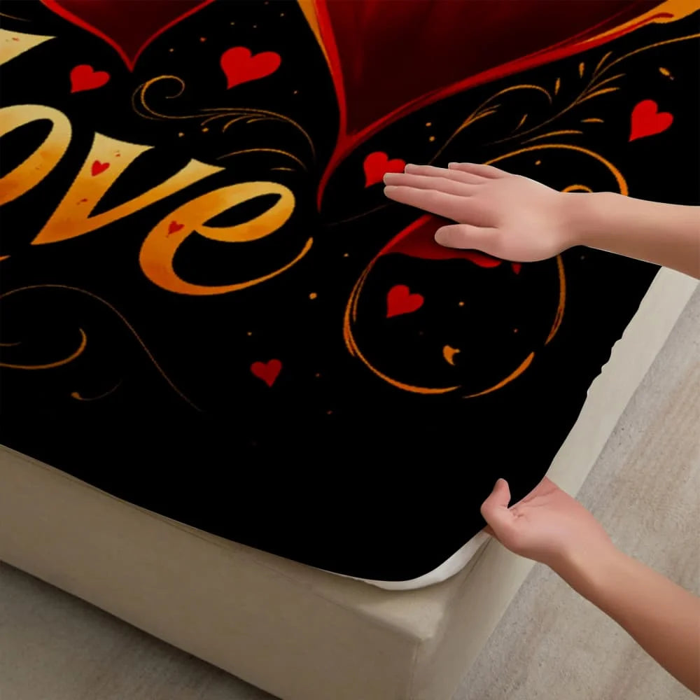 housse couette romantique imprimée roses rouges coeurs love élégante coton polyester noir rouge doré