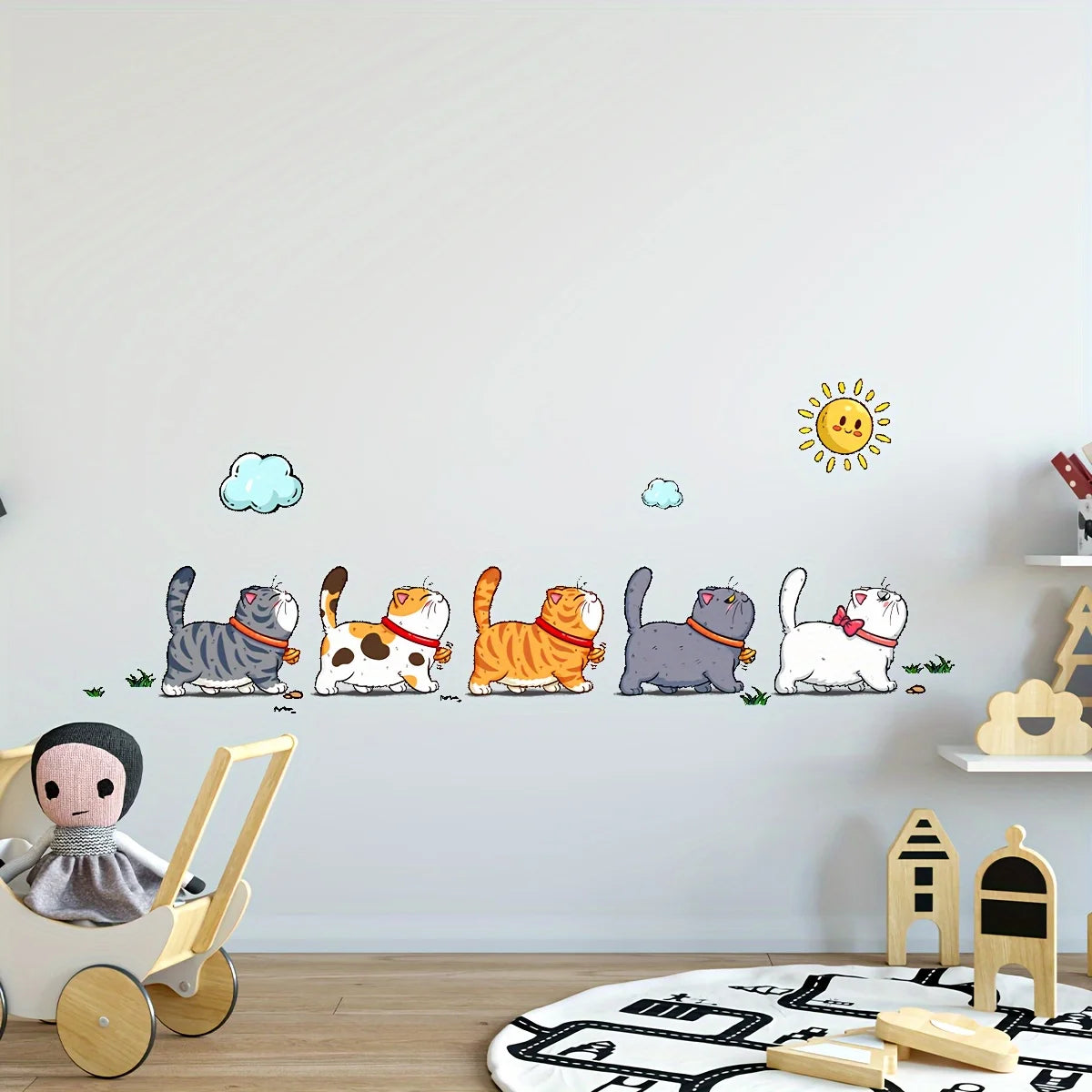 sticker mural vinyle chats nuages soleil cartoon enfants gris orange blanc bleu joyeux chambre