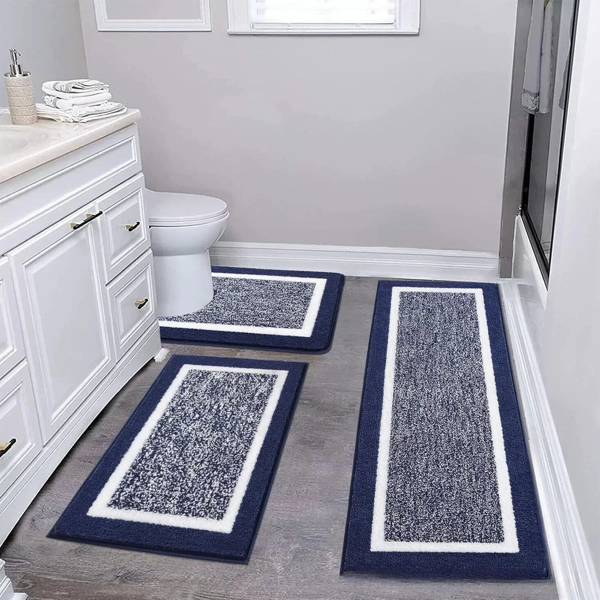 tapis sol microfibre moderne gris blanc bordure blanche antidérapant salle bain