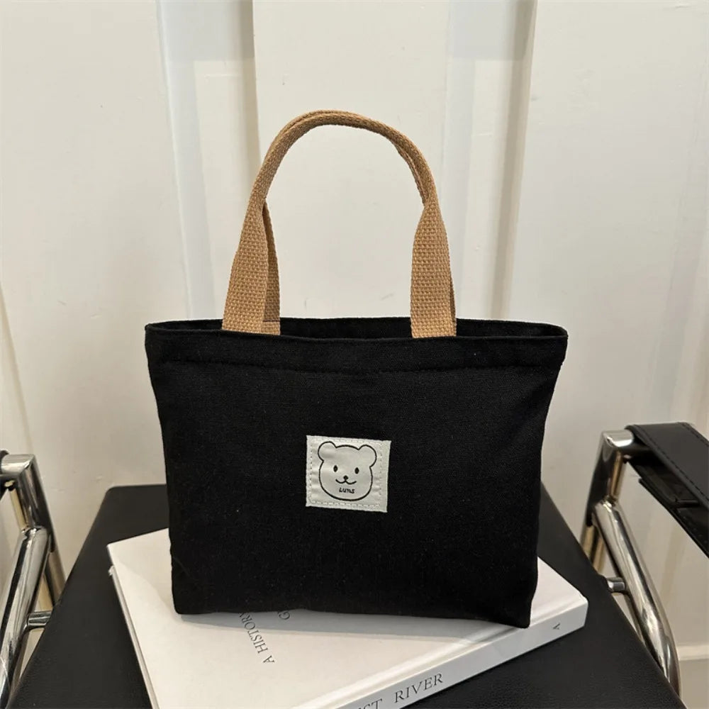 sac main toile ours décontracté unisexe poignées motif ours beige casual resistant polyester