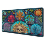 tapis jeu cartes artiste vitrail crâne fleurs feuilles symboles bleu vert orange rose noir