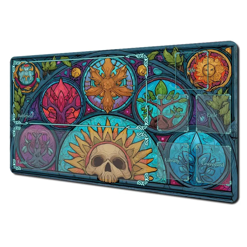 tapis jeu cartes artiste vitrail crâne fleurs feuilles symboles bleu vert orange rose noir