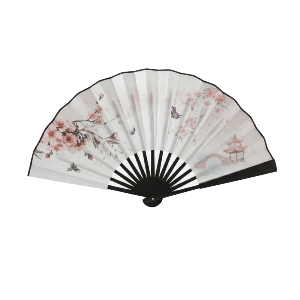 éventails pliants traditionnels chinois fleurs papillons calligraphie paysages noir blanc bleu gris rose support