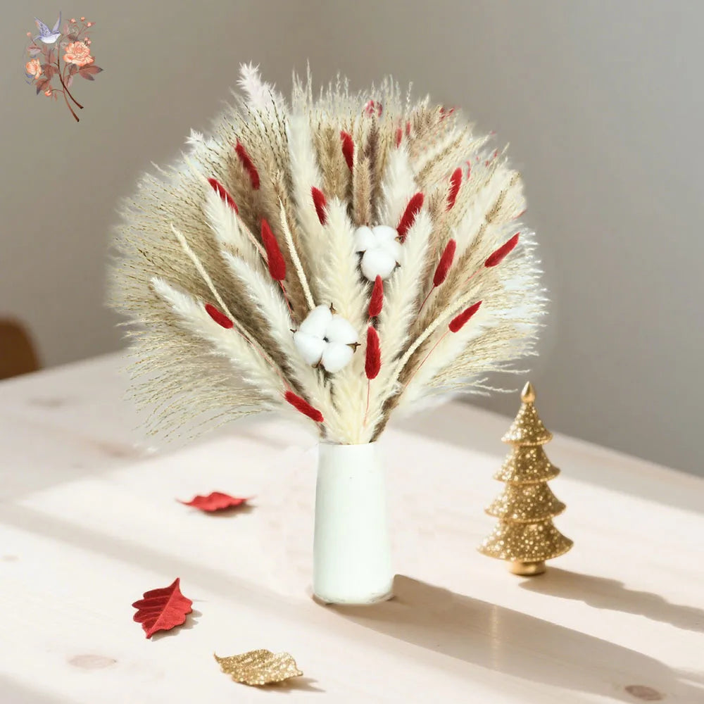 Bouquet fleurs séchées pampas blanche rouge décoration maison anniversaire boho festive
