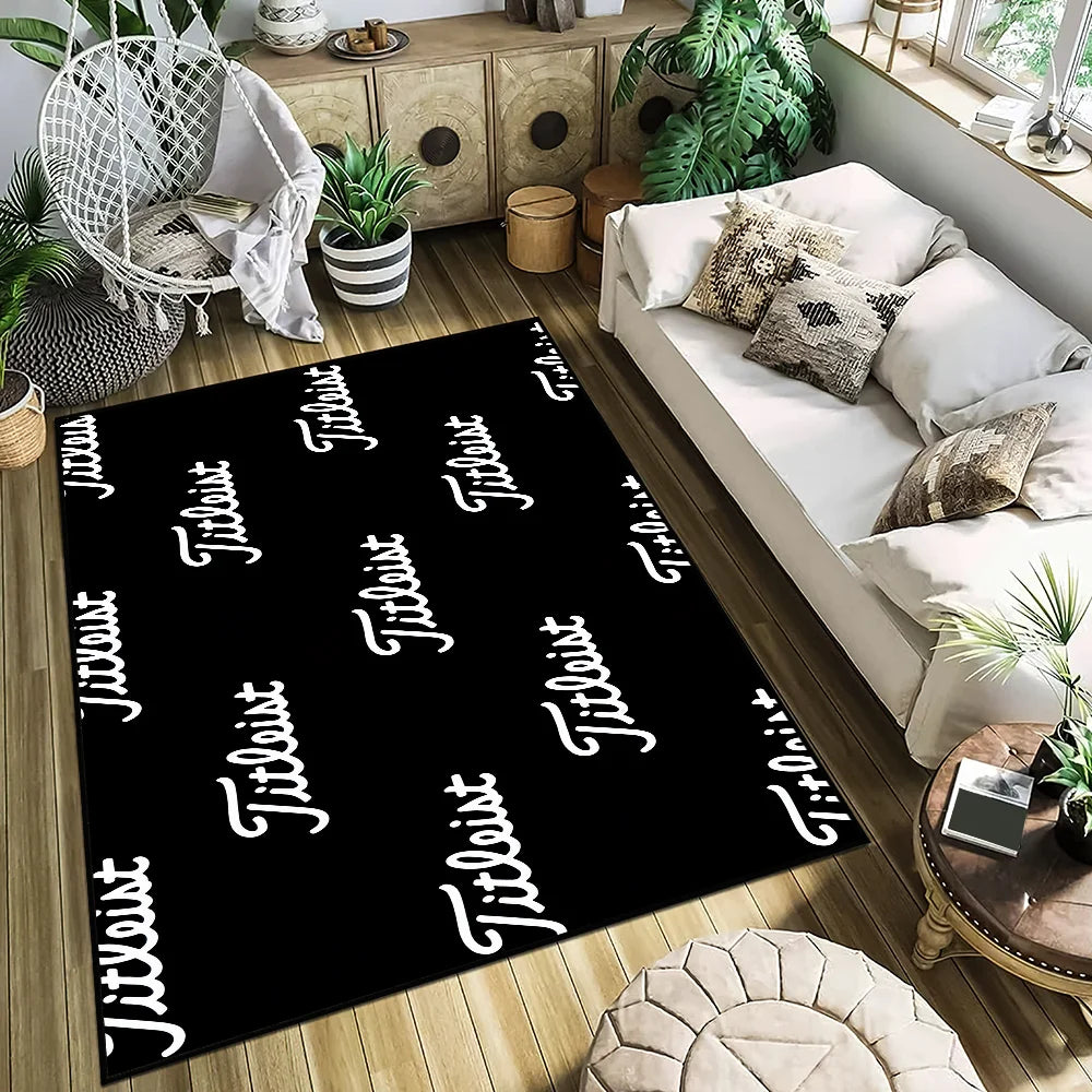 tapis sol moderne noir blanc logo titleist décor intérieur maison entrée salon luxe