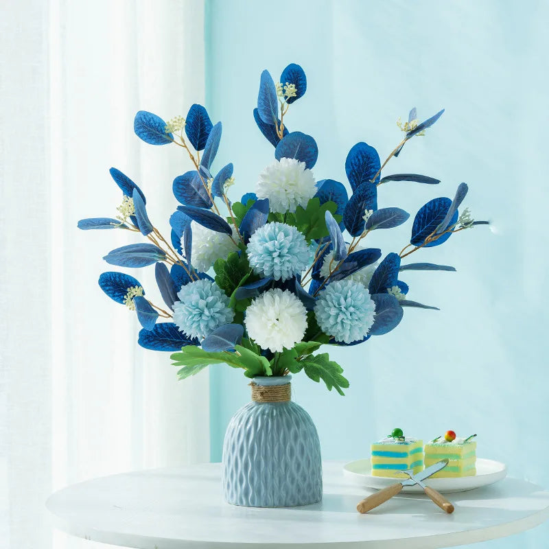 bouquet fleurs artificielles hortensia moderne décoration intérieure mariage bleu blanc vert