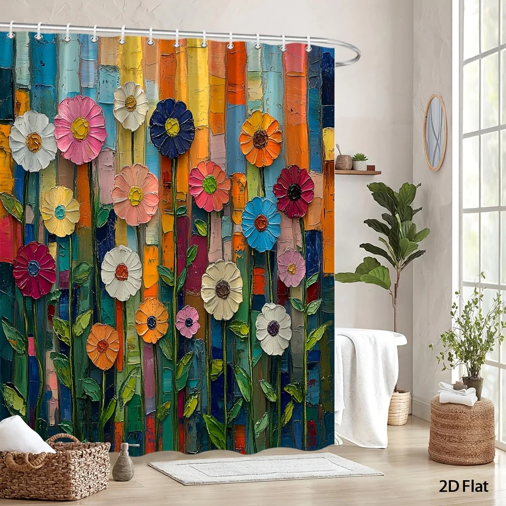 rideau douche moderne floral multicolore métalliques texturé fleurs stylisées 180x180cm opaque