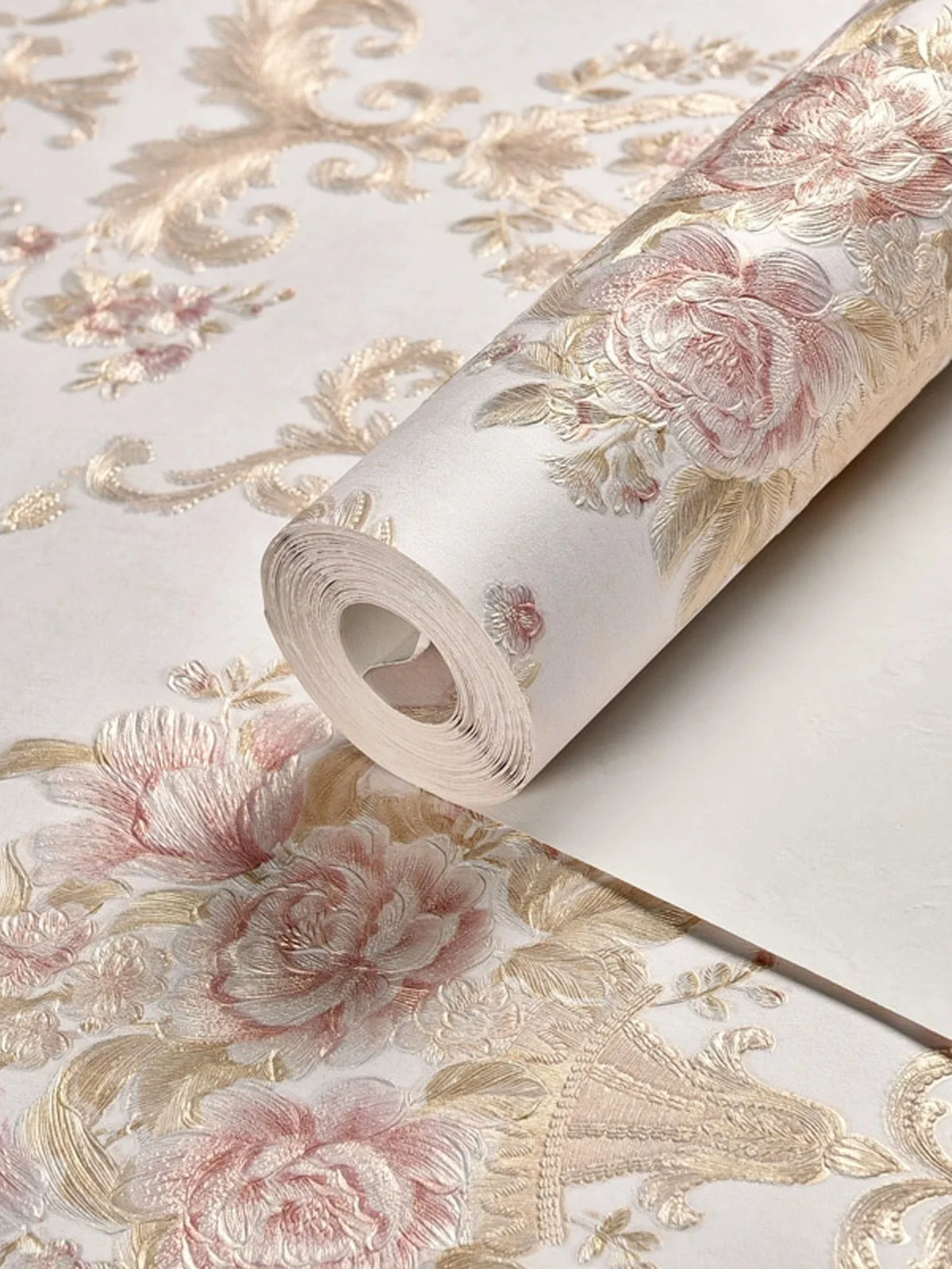 papier peint adhésif fleurs ornements floraux classique beige rose vert