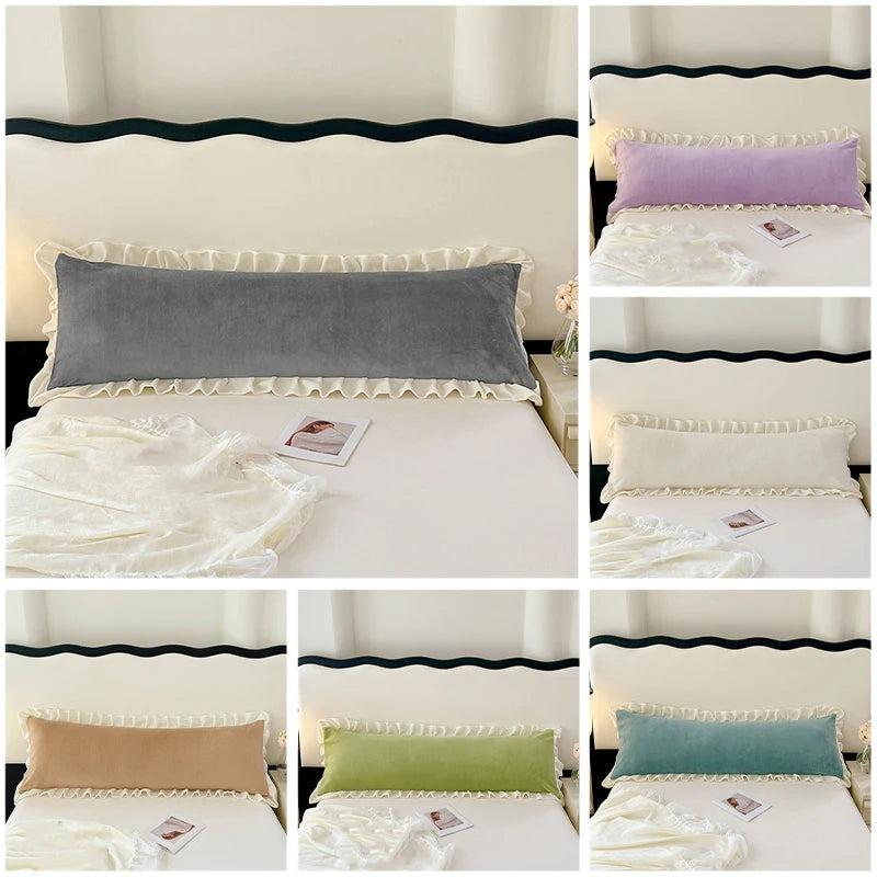 taies d'oreiller longues velours volants moderne vert gris beige violet lit chambre coucher couple