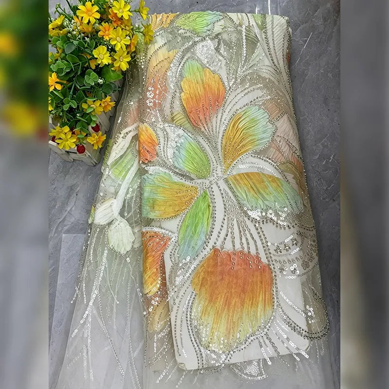 tissu brodé fleurs gris rose vert violet blanc tissu polyester opacité