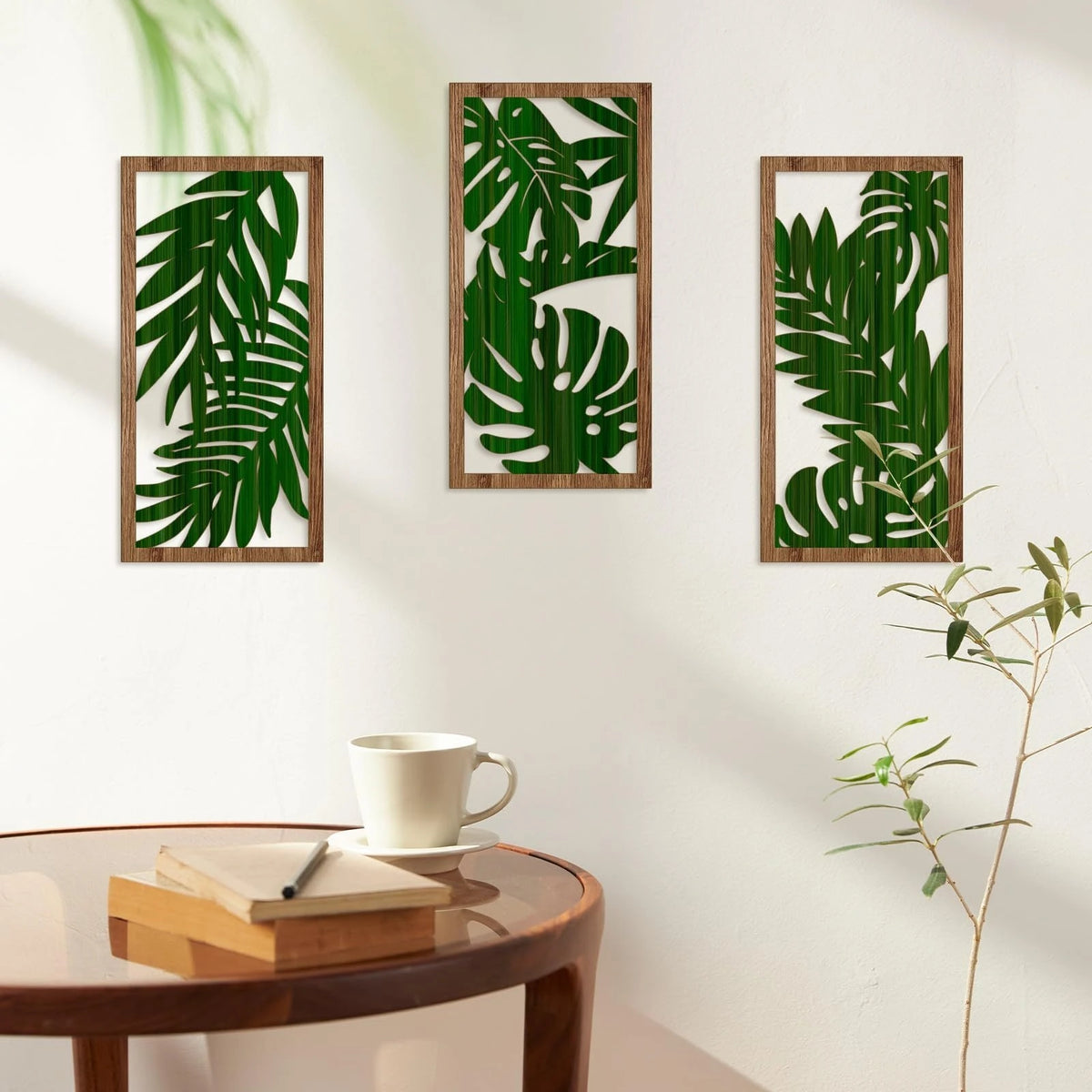 cadres mural feuilles tropicales bois vert moderne décoration intérieure chambre salon erotique naturel vintage