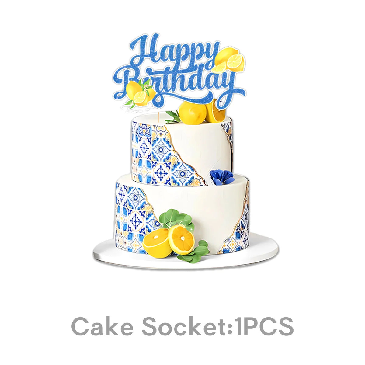 assiettes festives motif floral citrons papillons blanc bleu serviettes nappe gobelets anniversaire mariage baptême