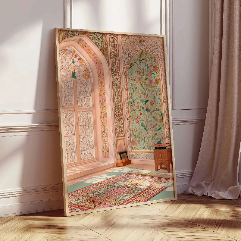 rideau floral classique couleur rose clair vert beige tissé traditionnel