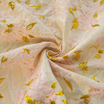 tissu polyester floral blanc rose doré motifs roses feuilles semi transparent bricolage couture décoratif