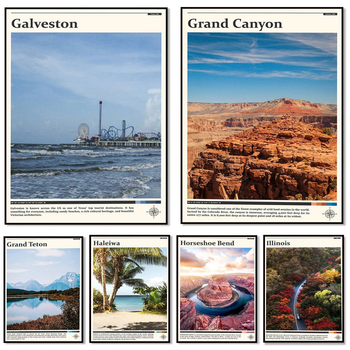 Affiches publicitaires présentant des destinations touristiques emblématiques aux États-Unis, telles que Galveston, le Grand Canyon, le Grand Teton, Halelwa, Horseshoe Bend et l'Illinois.